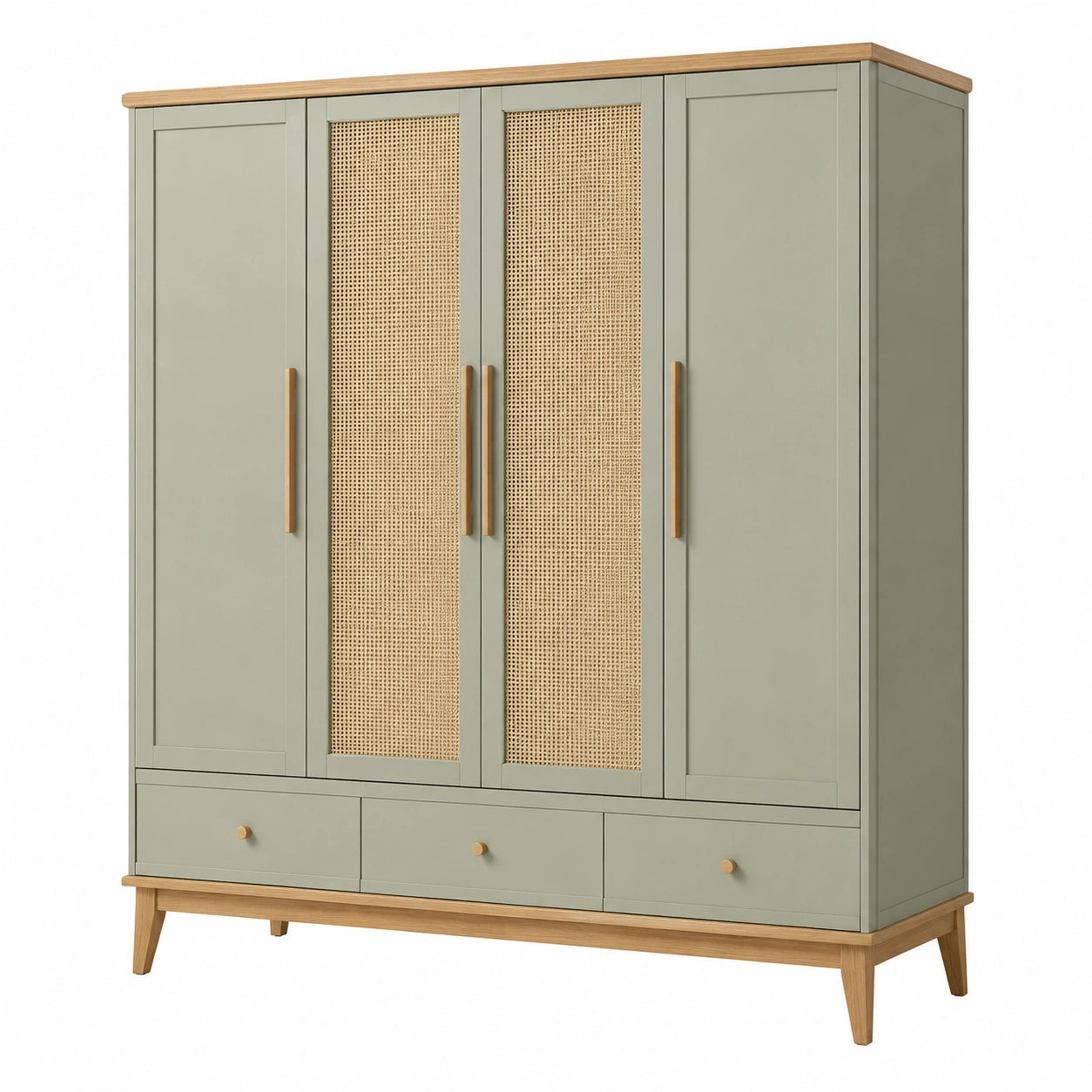 Armadio a tre ante in legno e rattan con finiture verde