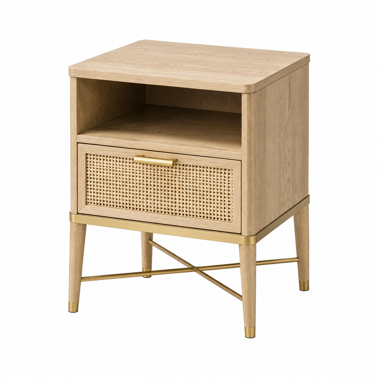 Comodino in Legno e Rattan con Gambe in Metallo