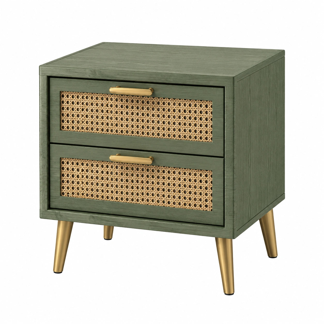 Comodino in Legno e Rattan con Gambe in Metallo Verde