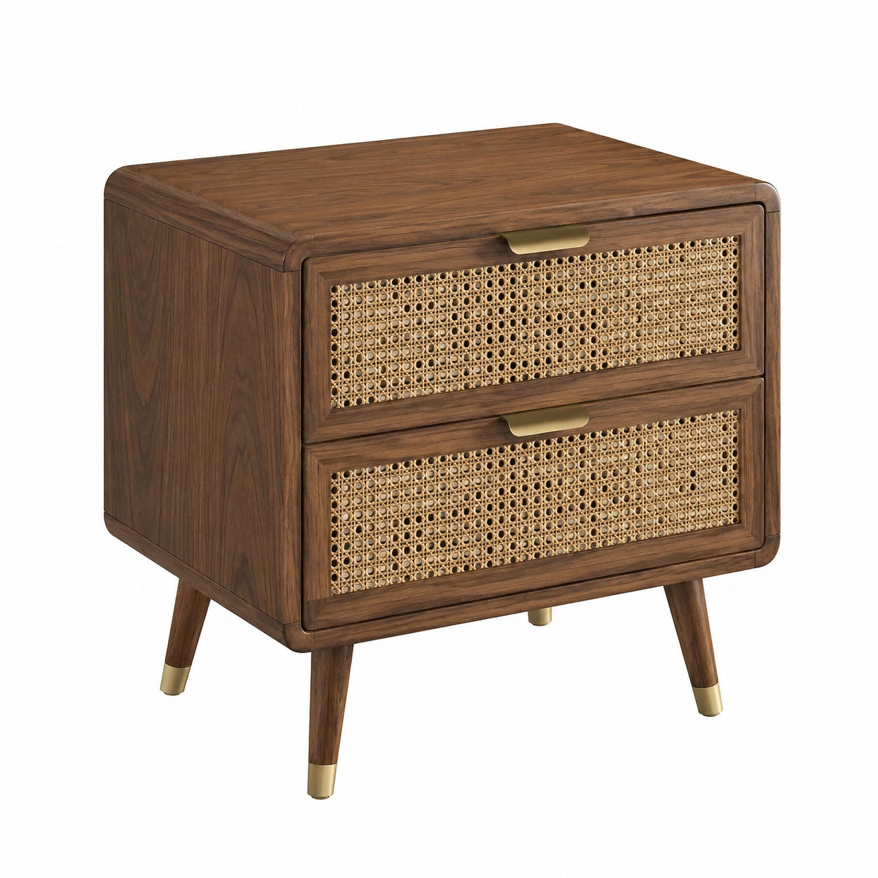 Comodino in Legno e Rattan con Due Cassetti Marrone