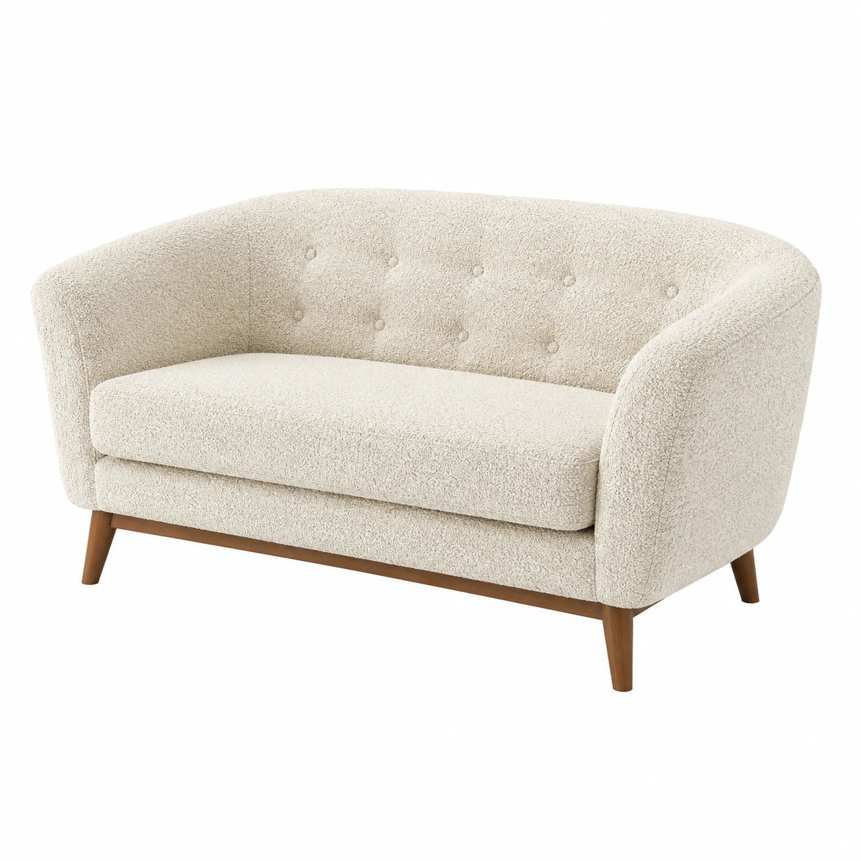Divano a due posti in tessuto bouclé beige con gambe in legno