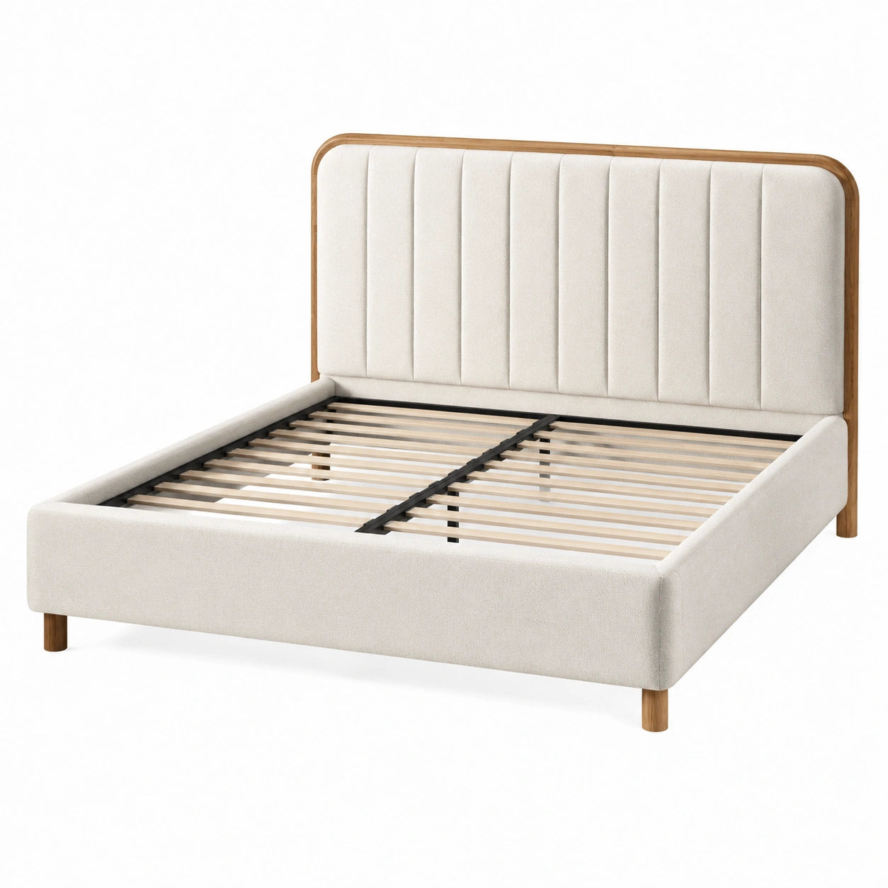 Letto matrimoniale in legno e tessuto beige
