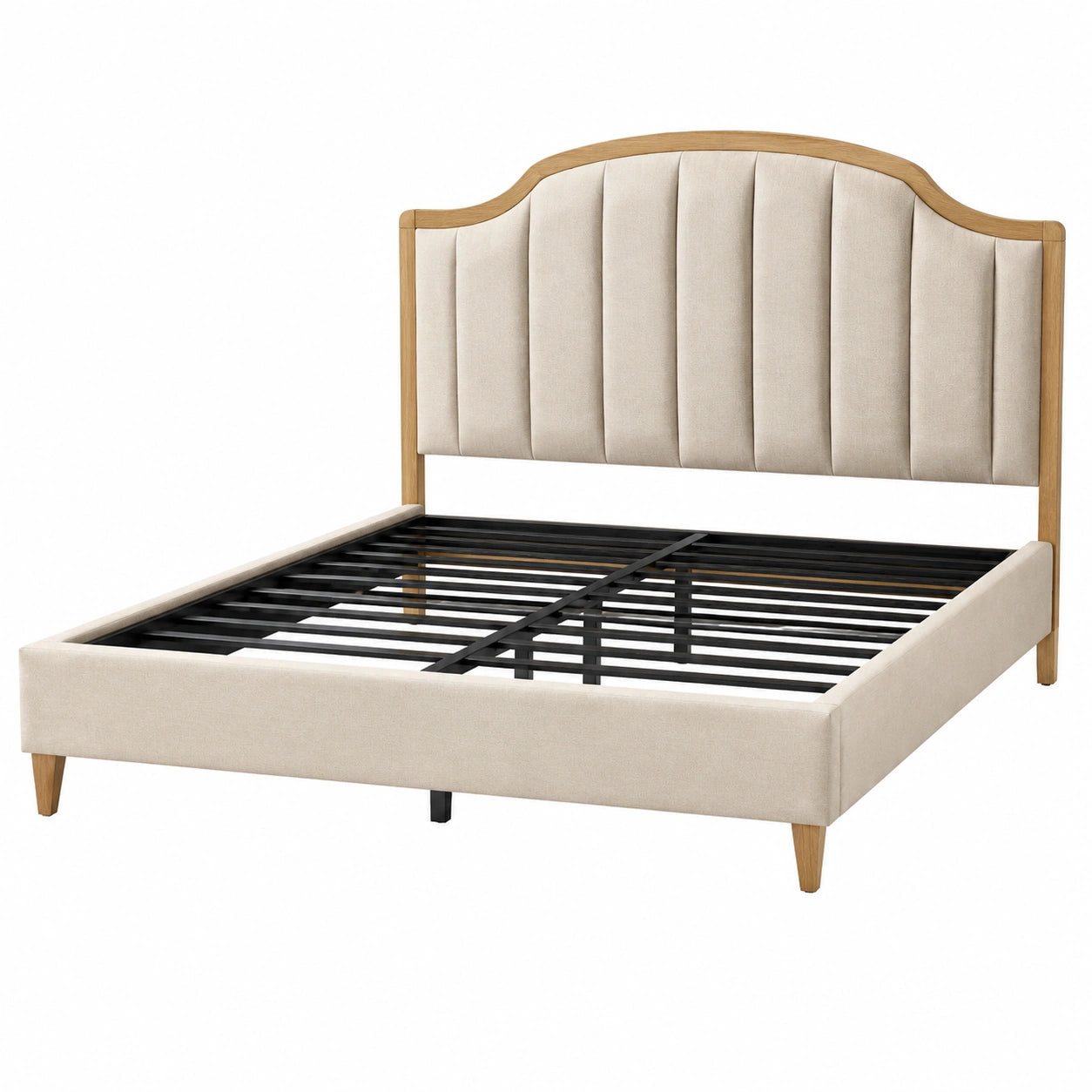 Letto matrimoniale in legno con testiera in tessuto beige