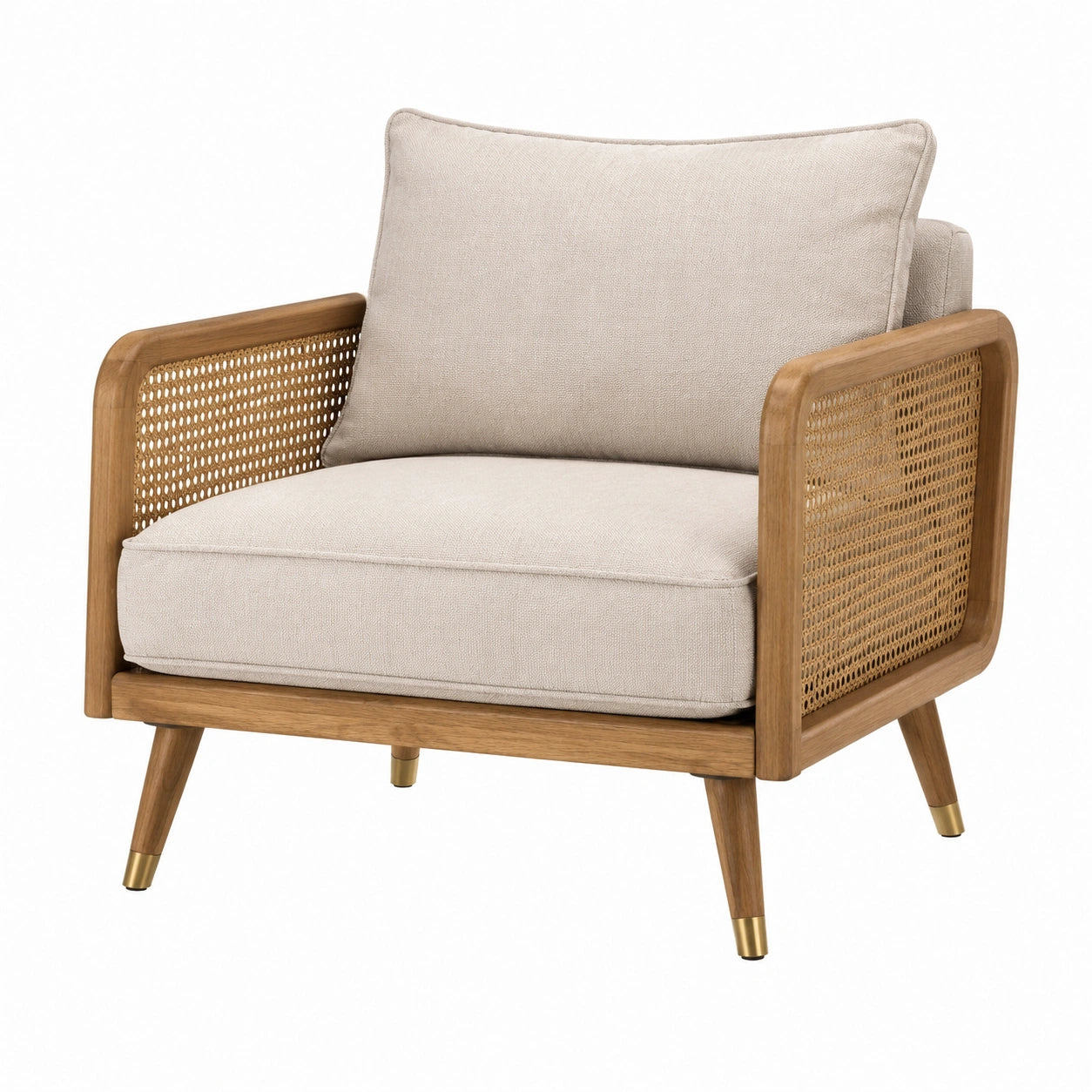 Poltrona in Legno e Rattan con Cuscini in Tessuto Beige