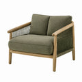 Sedia a dondolo in legno con cuscini in lino beige