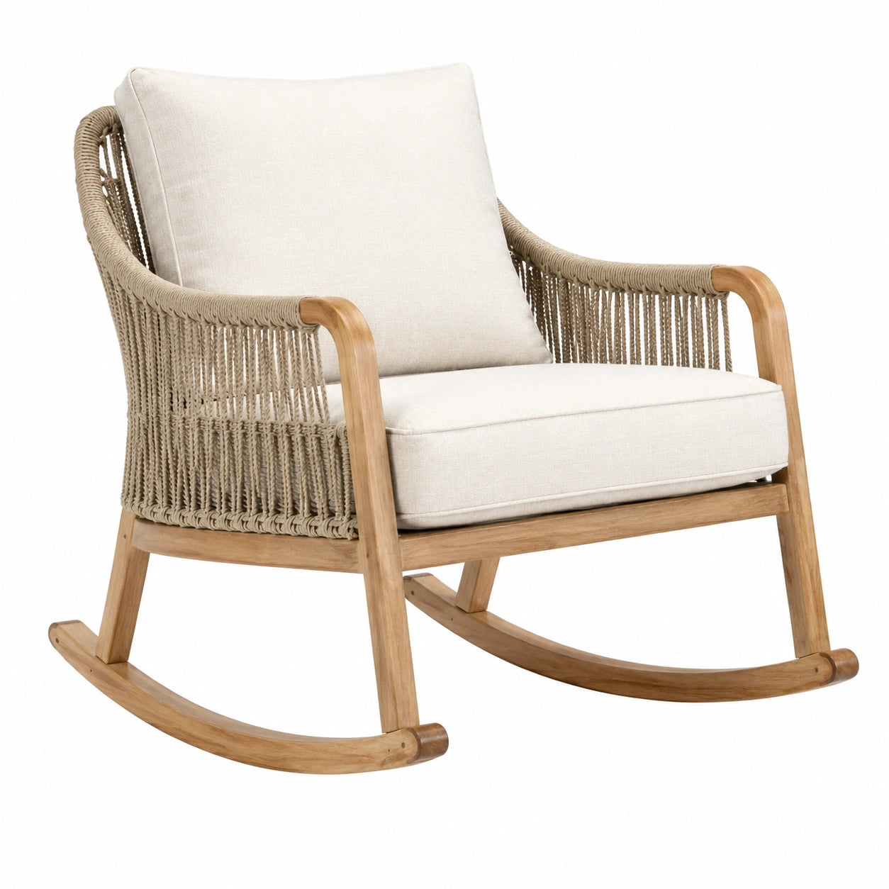 Sedia a dondolo in legno e rattan con cuscini in tessuto